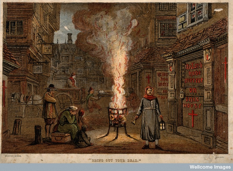 "Ölülerinizi Getirin" Bir ölü arabasının ve yas tutanların da göründüğü, 1665'teki Büyük Veba Salgını sırasındaki bir Londra sokağı (Resim: Wellcome Images)