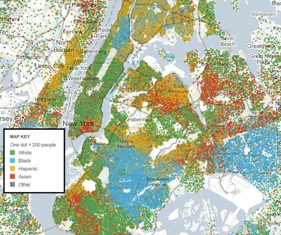 New York'un ırk haritası. Schelling modeline dayalı simülatörler de benzer sonuçlar verdiği için model ilgili alanlarda oldukça tutulan ve dikkate alınan bir modeldir.