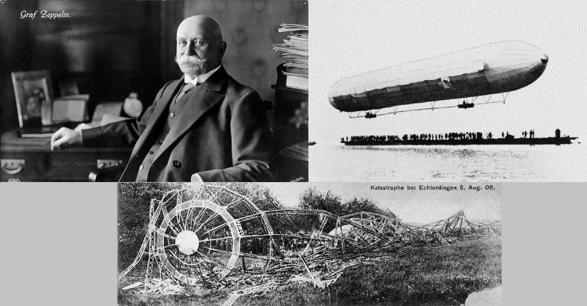 Resim 2. Sırasıyla, zeplinin mucidi Kont Ferdinand von Zeppelin, ilk zeplin olan LZ 1 ve geçirdiği kaza sonrası LZ 4. Kaynaklar [8-10].