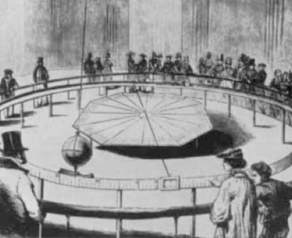 1851’in 31 Martında, Panthéon’da ilk salınımlarını yapan sarkacı ve meraklı kalabalığı gösteren bir illüstrasyon.