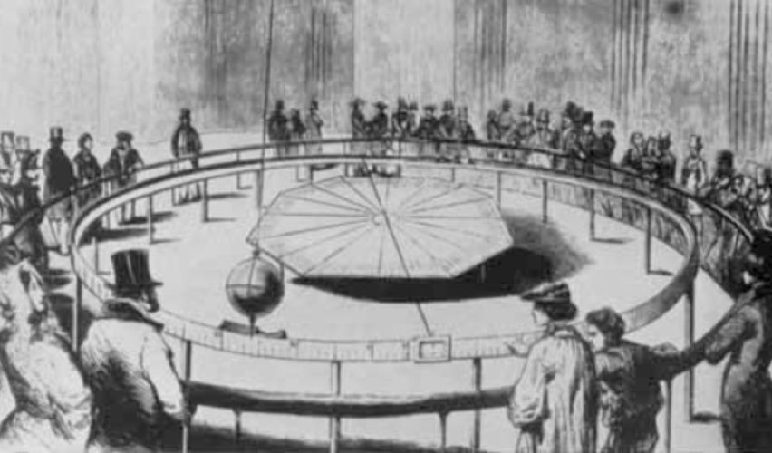 1851’in 31 Martında, Panthéon’da ilk salınımlarını yapan sarkacı ve meraklı kalabalığı gösteren bir illüstrasyon.