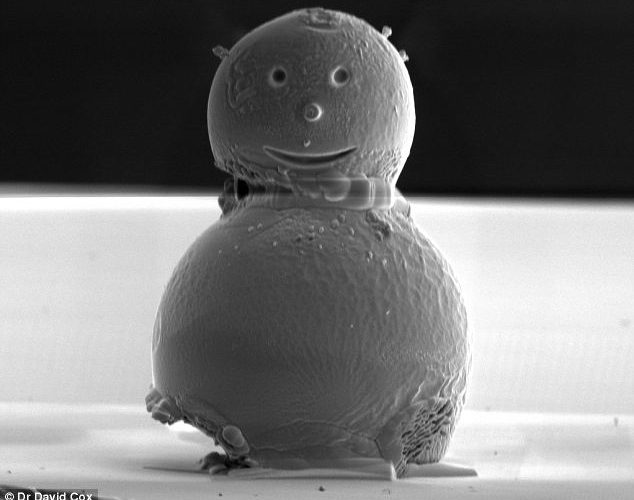 üst-üste konmuş 10 mikrometre çapında iki küre den oluşan, ağız, göz ve burnu olan dünyanın en küçük kardan adamı.