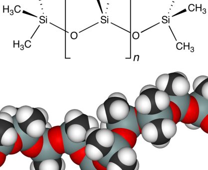 Şekil 4 PDMS kimyasal yapısı. Evde kimya boncuk setiniz varsa açık griler silikon (Si), koyu griler karbon (C), beyazlar hidrojen (H), kırmızı moleküller ise oksijen (O) olacak şekilde kendinizde yakından görebilirsiniz.